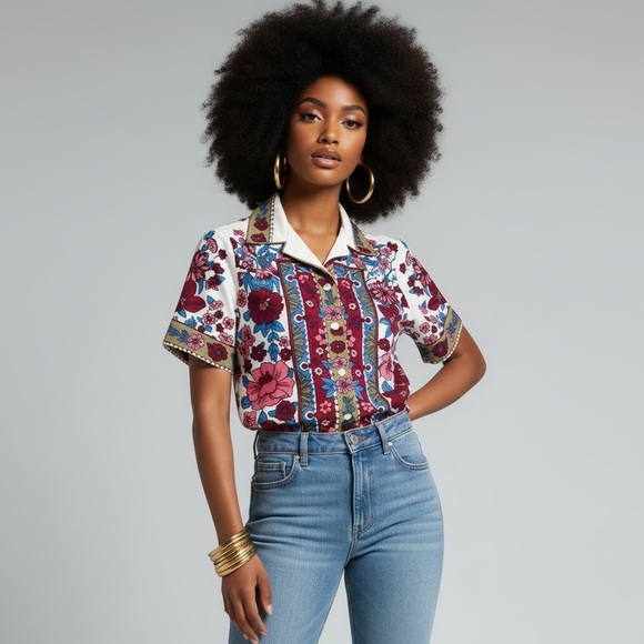 Hamilton 8 Tops - Vintage Hamilton 8 • 60s 70s Polyester Short Sleeve Floral Button Down Shirt